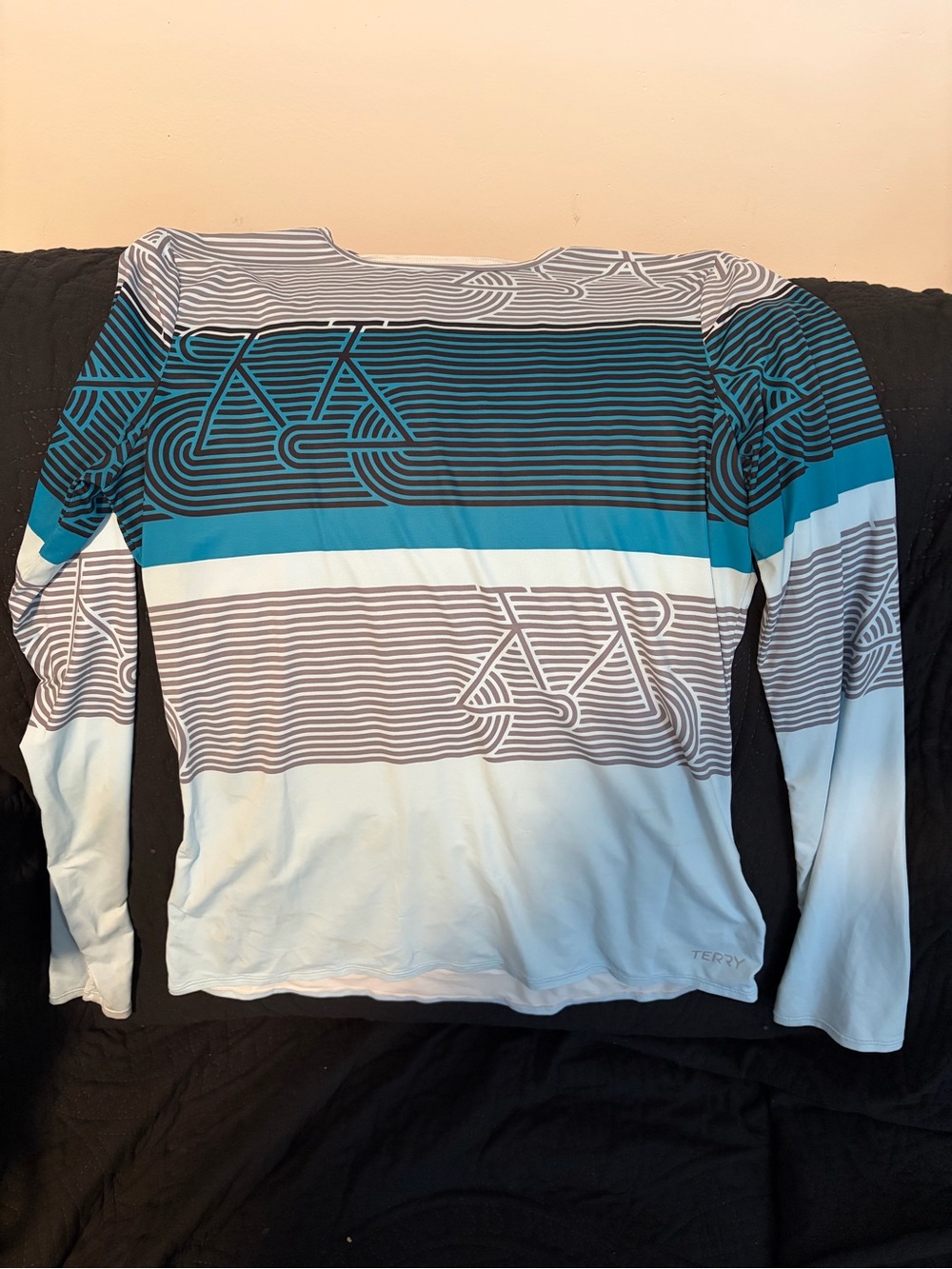 Terry Women’s Long Sleeve Striped Performance Tee in Teal, White & Gray
